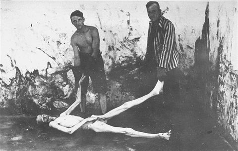 Inmates demonstrate the cremation process at Dachau